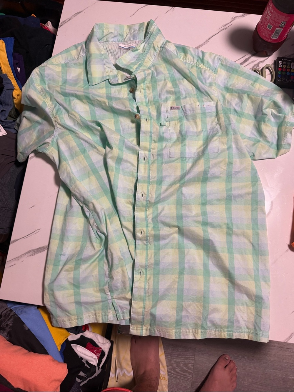 Men's Short-Sleeve Columbia PFG Plaid Button-Down Shirt - Light Green